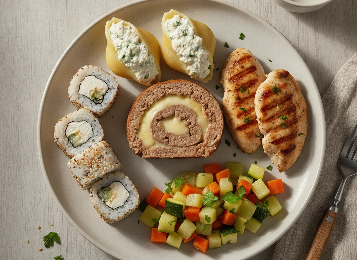 Rocambole de carne, frango grelhado, legumes e sushi photo