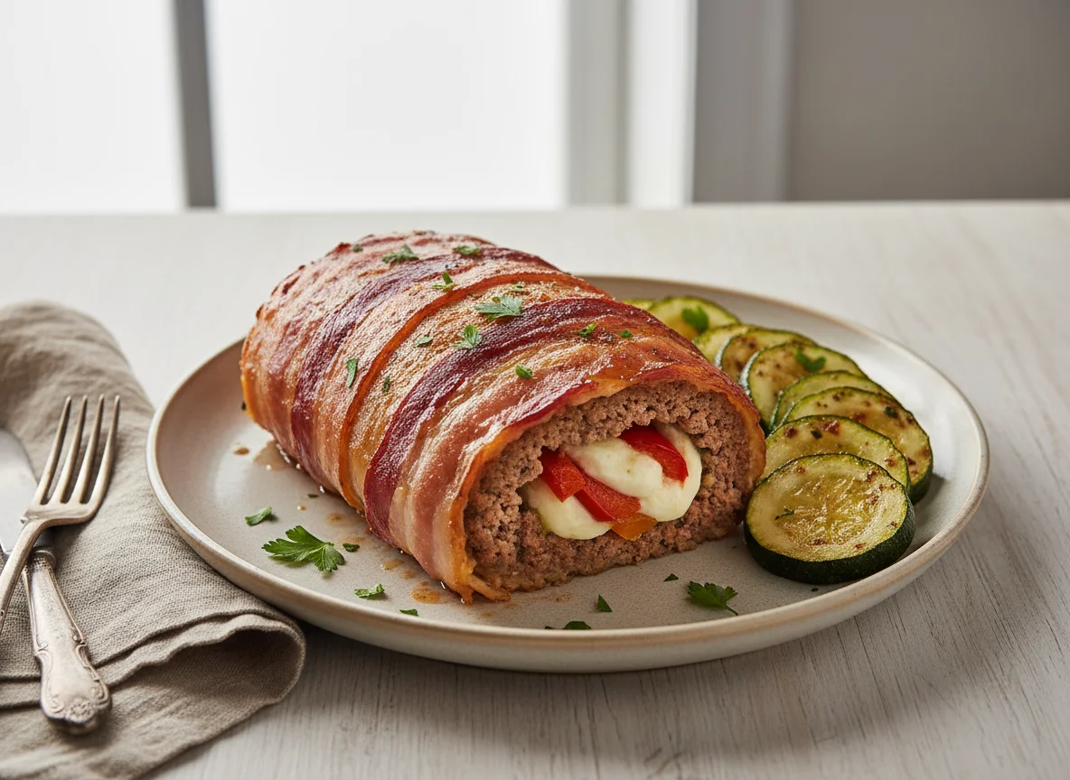 Rocambole de carne moída com bacon e abobrinha assada photo