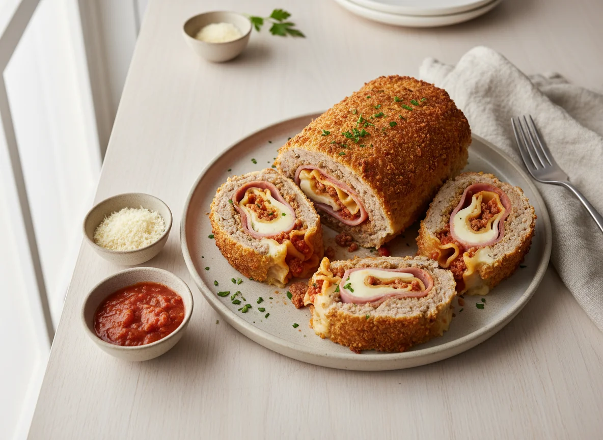 Rocambole de carne moída recheado com lasanha photo