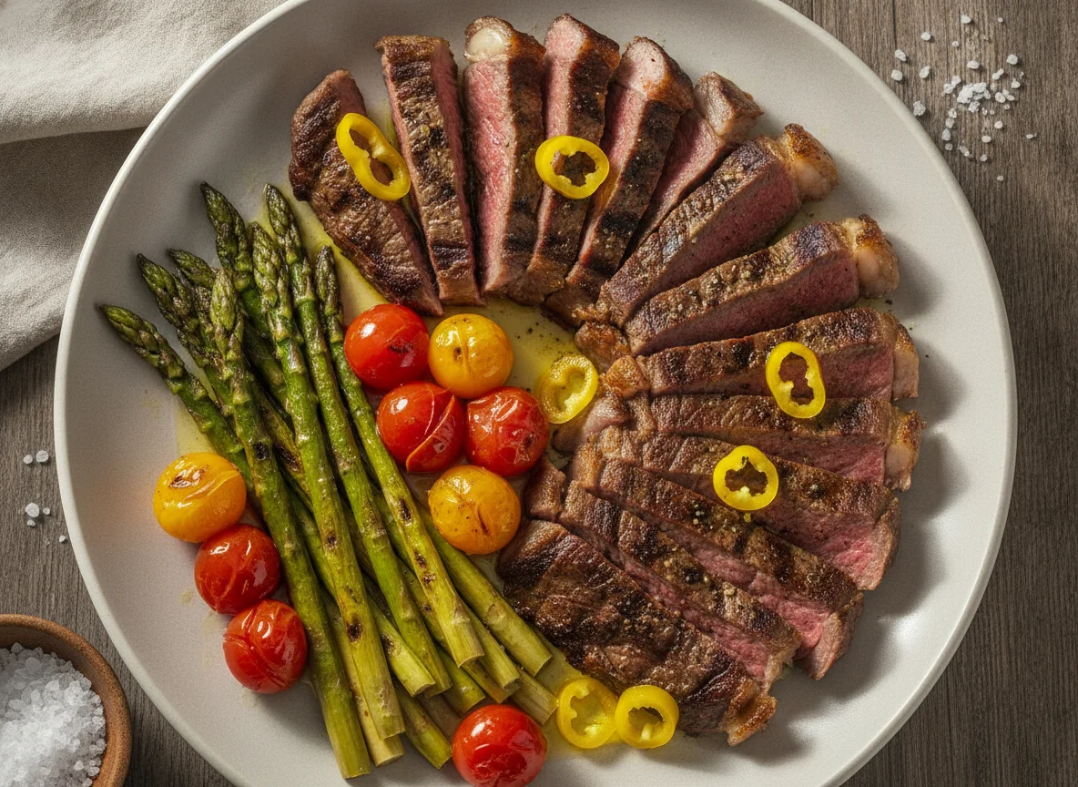 Rodízio de carnes com aspargos e tomates photo
