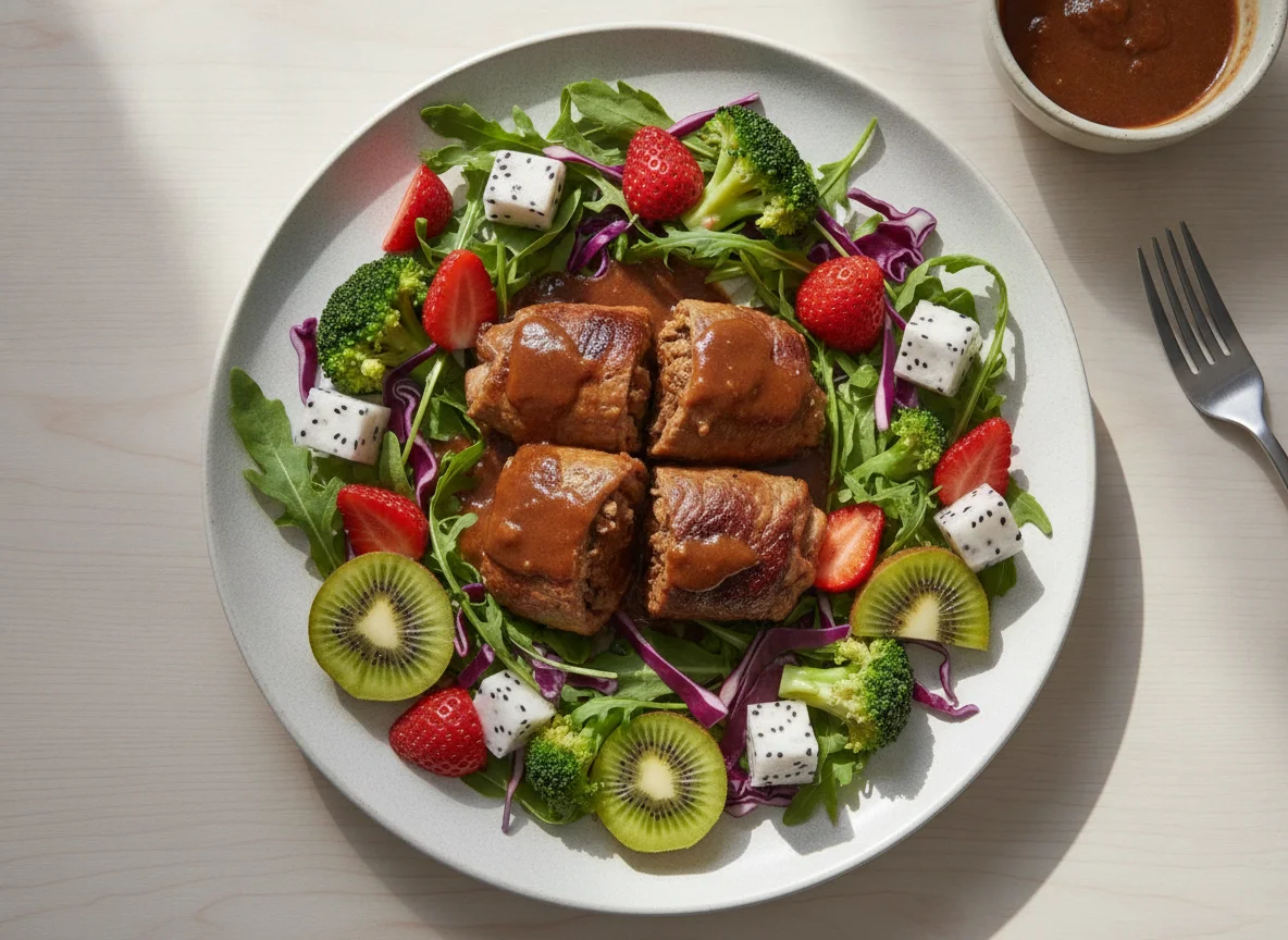 Rolinho de carne recheado com salada e frutas photo