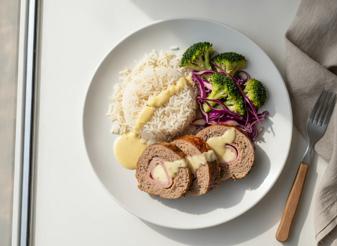 Rolo de carne com arroz basmati e vegetais photo