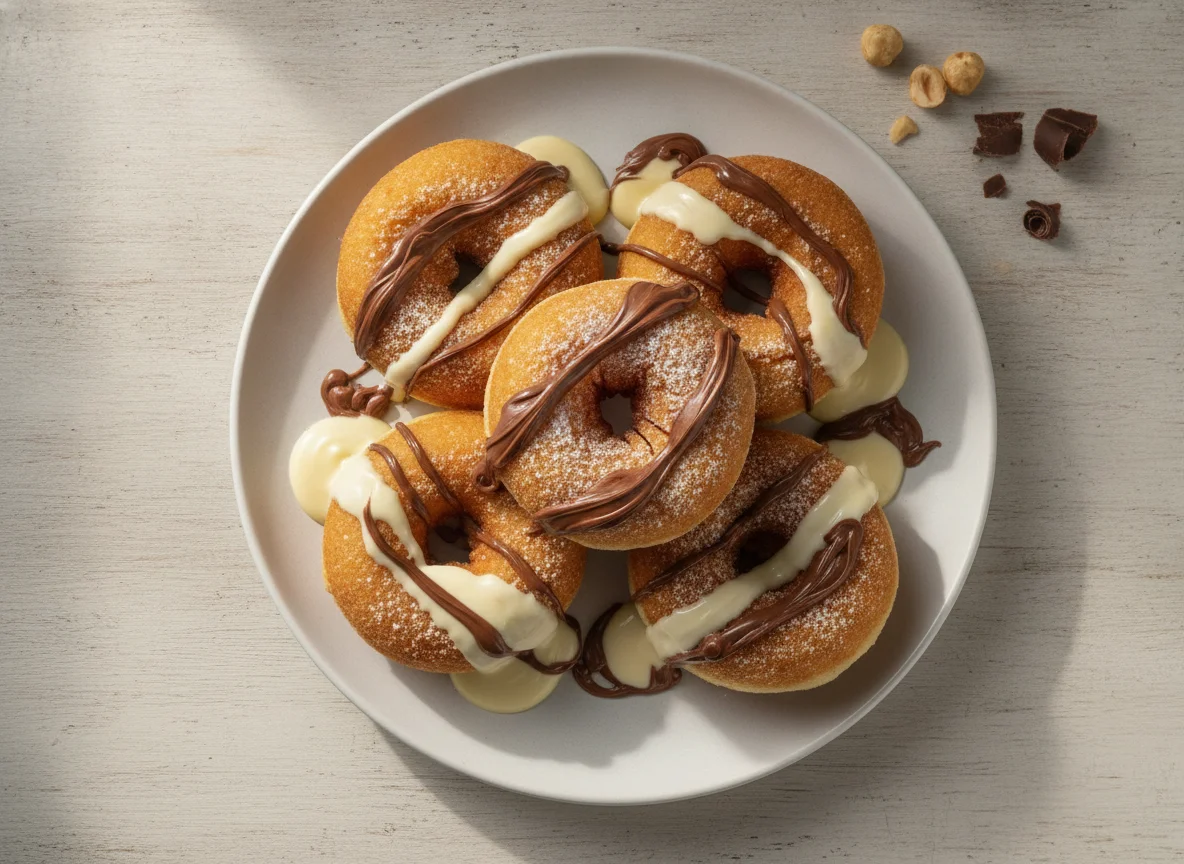 Rosquinha recheada com chocolate e creme branco photo