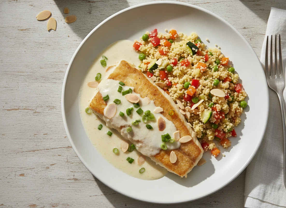 Saint Peter ao molho de leite de coco, couscous com legumes e amêndoas photo