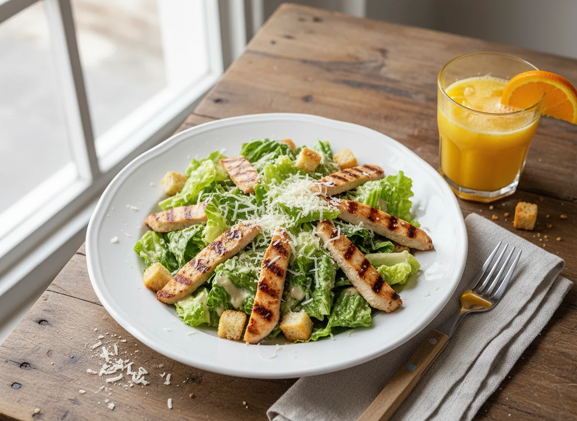 Salada Caesar com Frango e Suco de Laranja photo