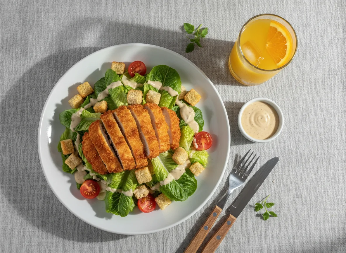 Salada Caesar com Frango Empanado e Suco de Laranja photo