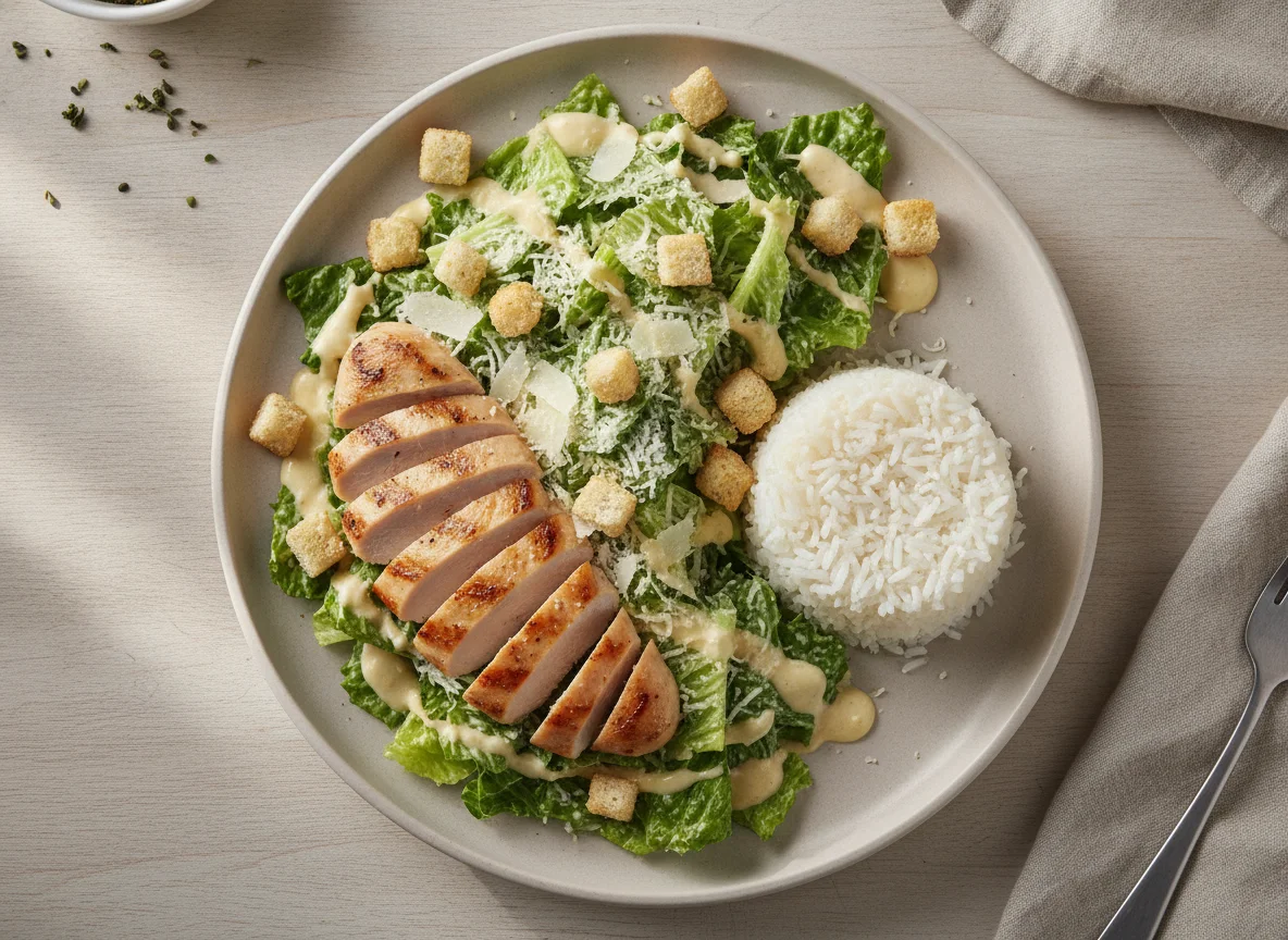Salada Caesar com Frango Grelhado e Arroz Branco photo