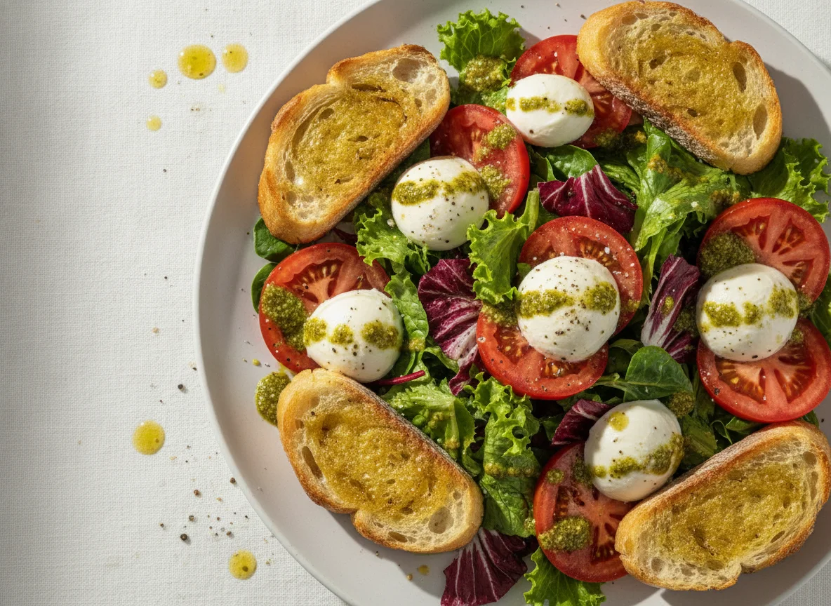 Salada Caprese com Mix de Folhas e Torrada photo