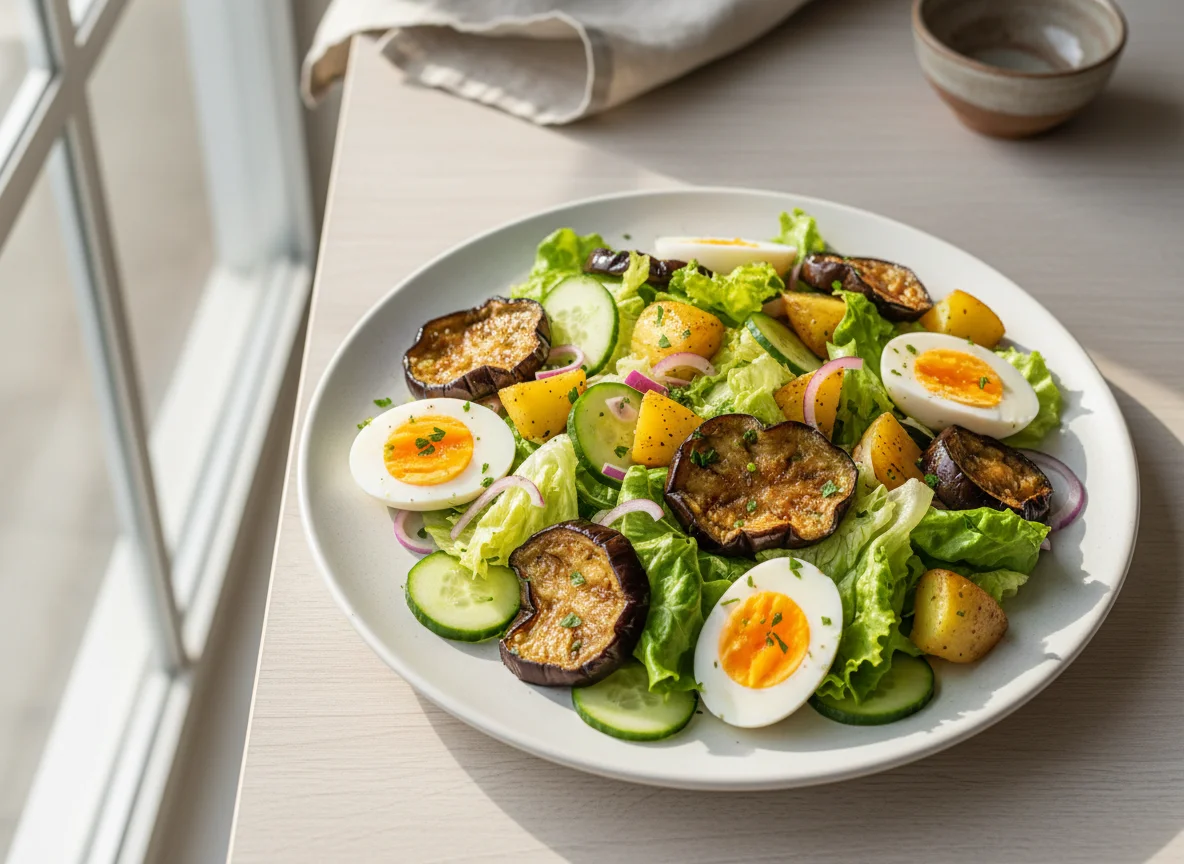 Salada com batata, berinjela e ovo photo