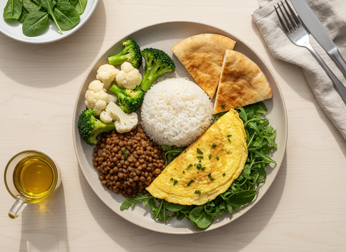 Salada com brócolis, couve-flor, arroz, lentilha, pita e omelete photo