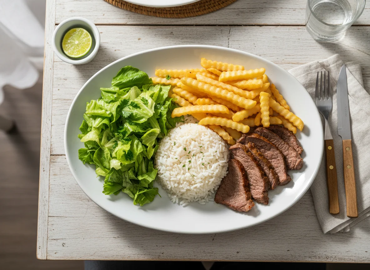 Salada com carne, arroz e batata frita photo