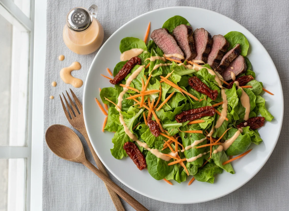 Salada com carne e tomate seco photo