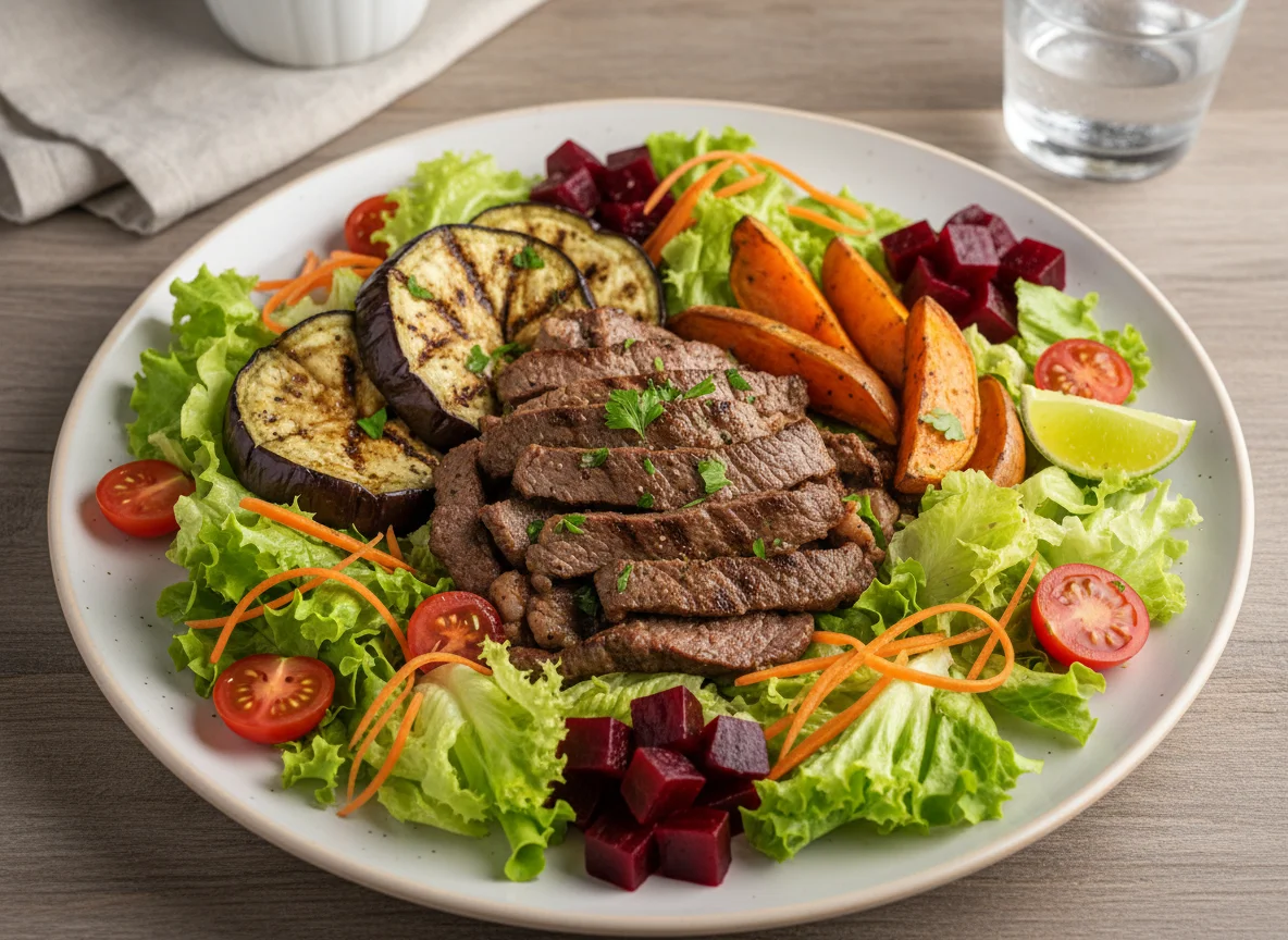 Salada com carne e vegetais grelhados photo