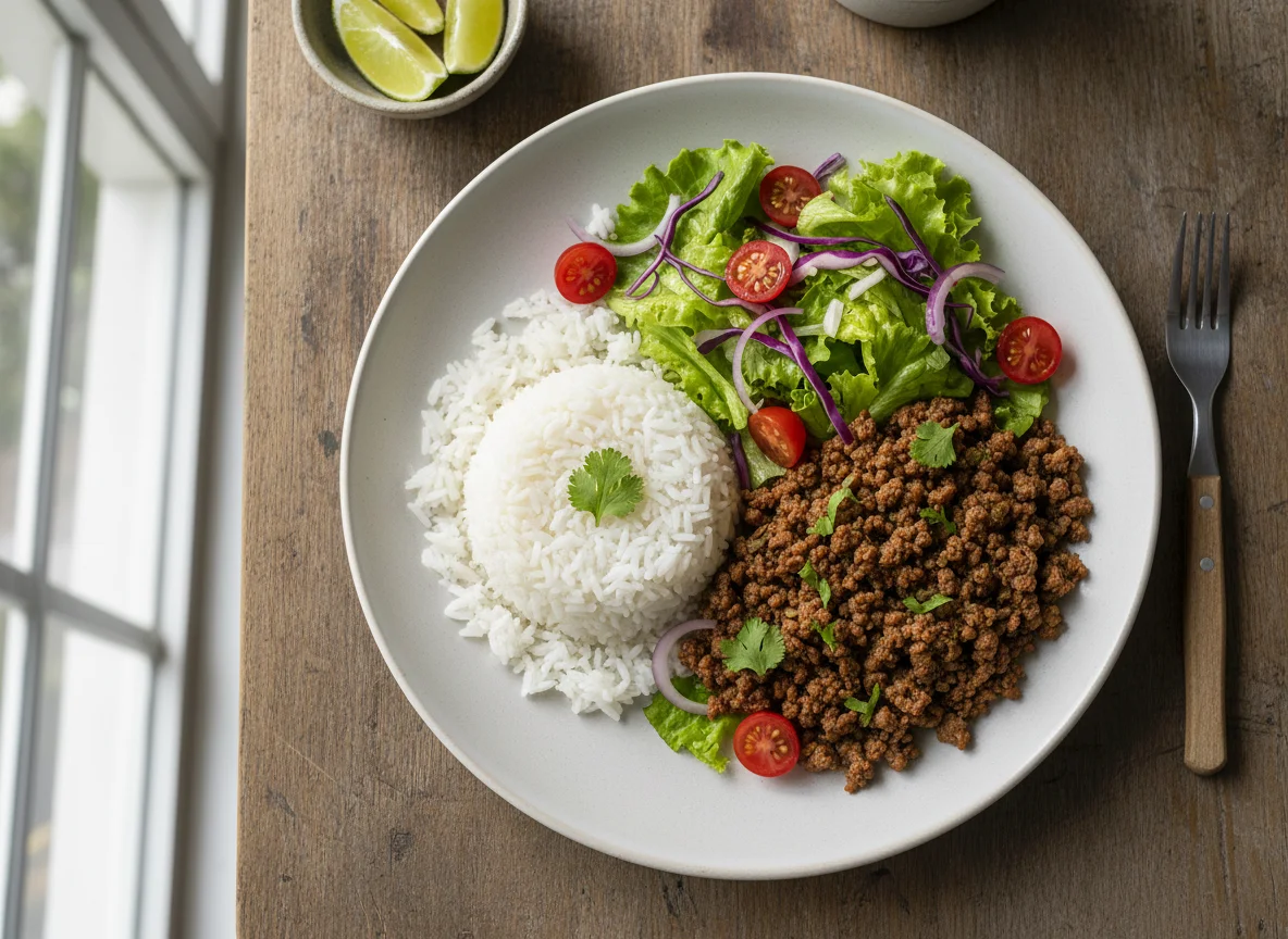 Salada com carne moída e arroz photo