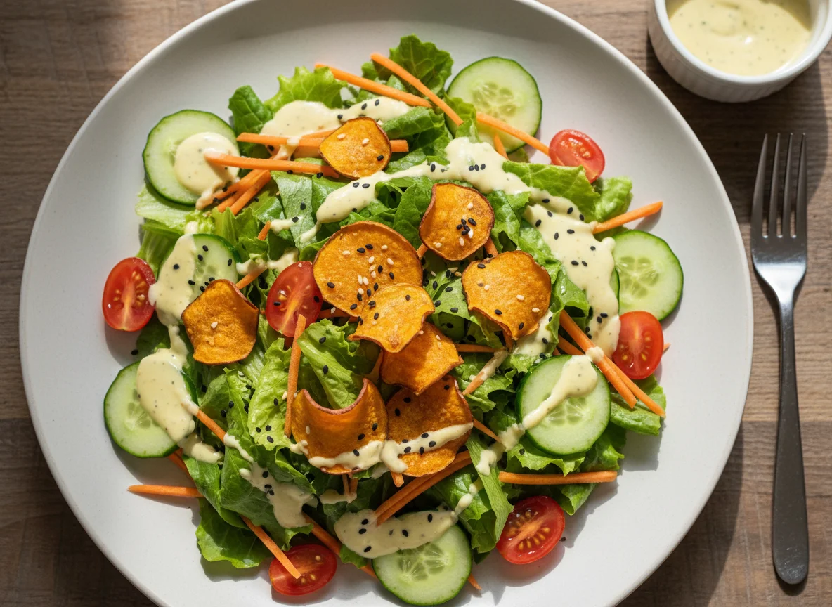 Salada com chips de batata doce e legumes photo