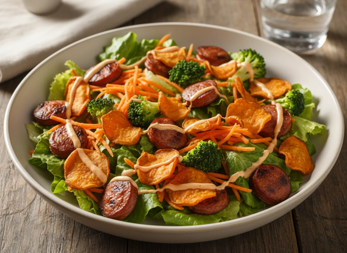 Salada com chips de batata doce e linguiça photo