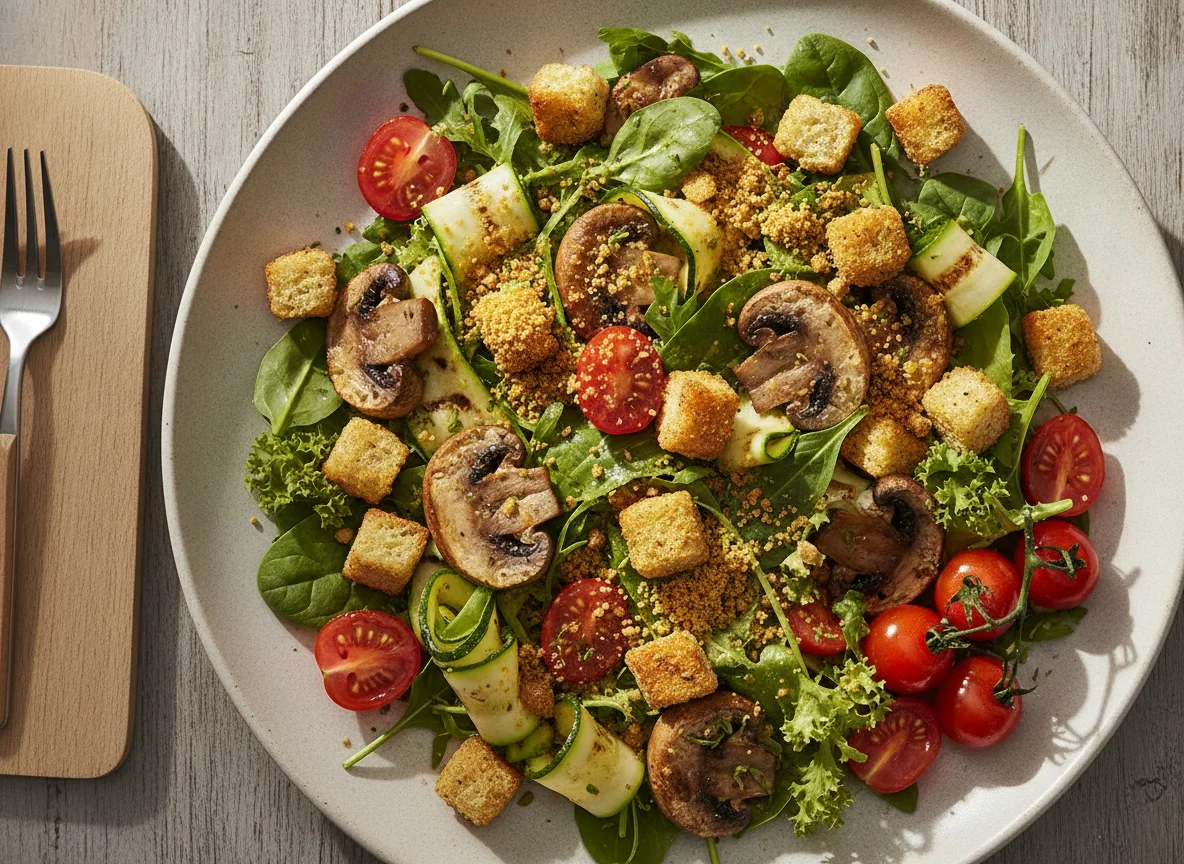 Salada com Cogumelos, Croutons e Tomate Cereja photo