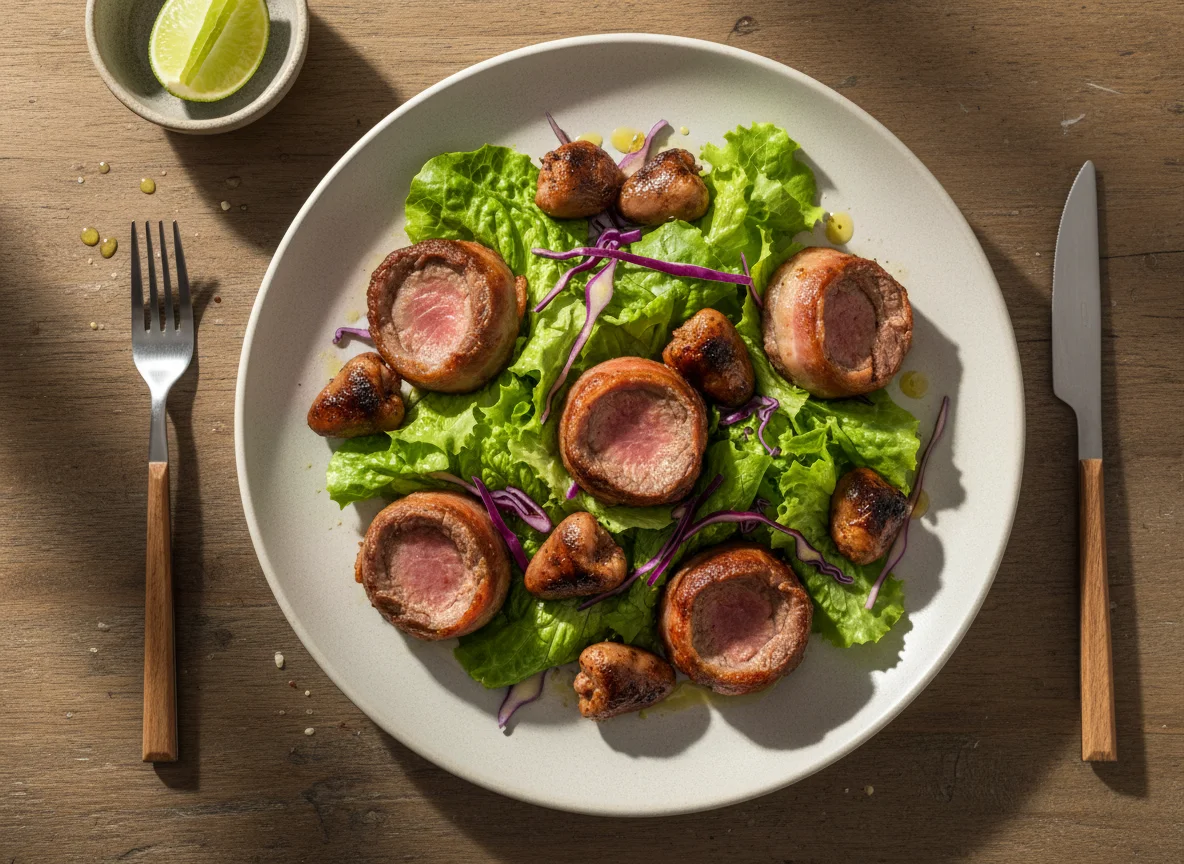 Salada com corações de frango e medalhões de carne com bacon photo