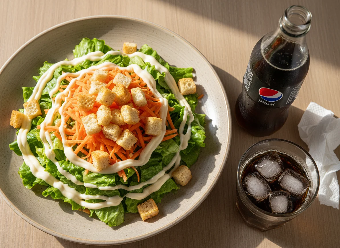 Salada com croutons e refrigerante photo