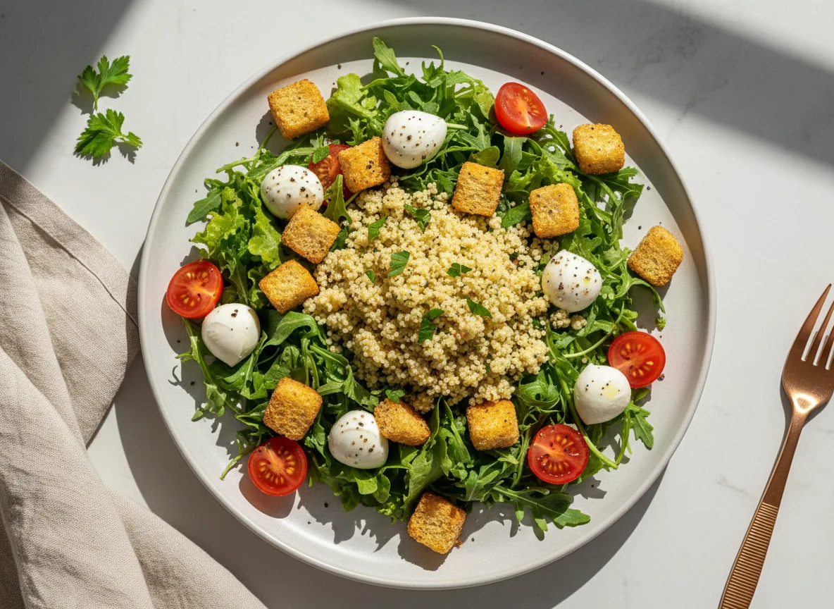 Salada com croutons, queijo e cuscuz photo