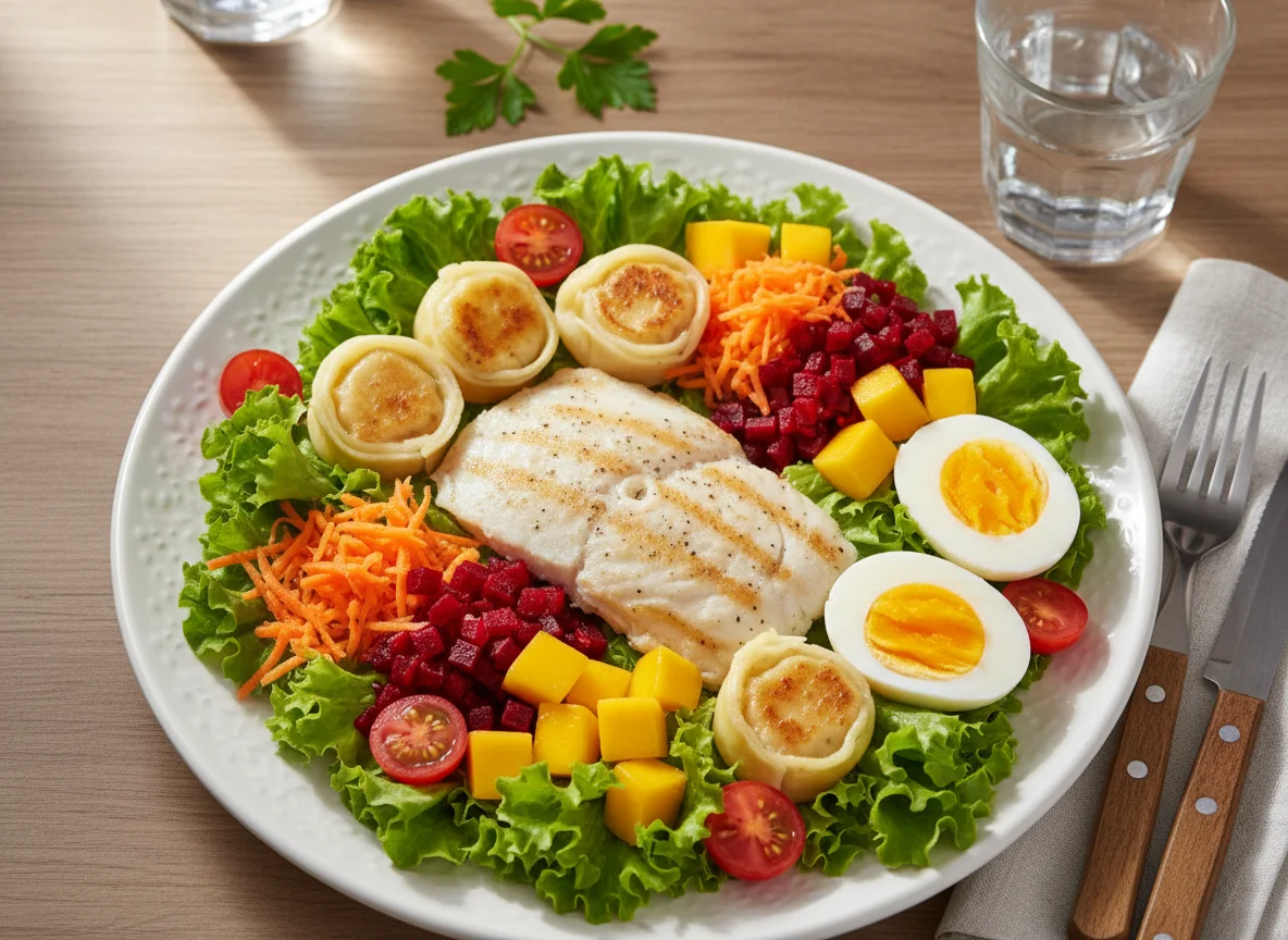 Salada com filé de peixe, sorrentino e ovos photo