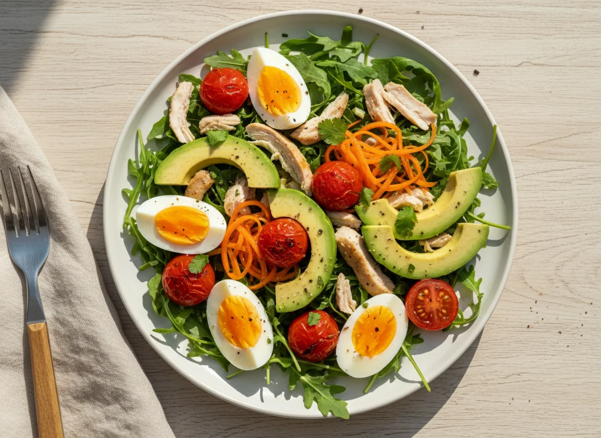 Salada com frango, abacate e ovo photo
