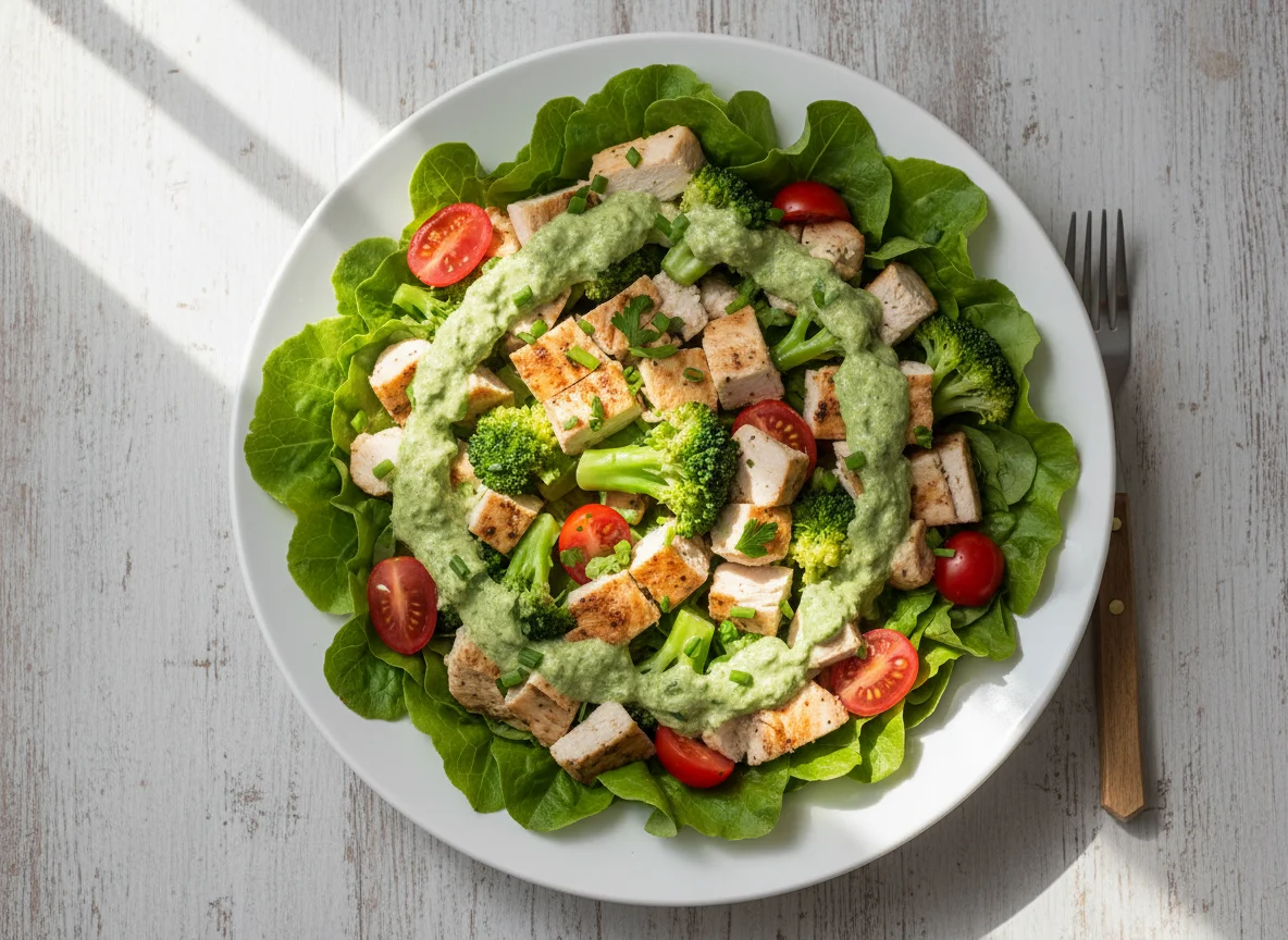 Salada com frango ao molho e brócolis photo