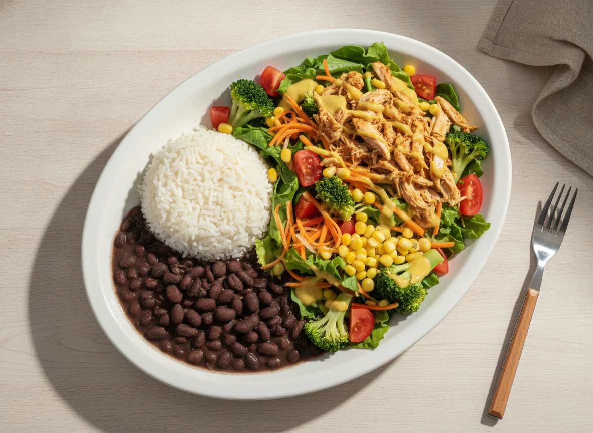 Salada com Frango Desfiado, Arroz e Feijão photo