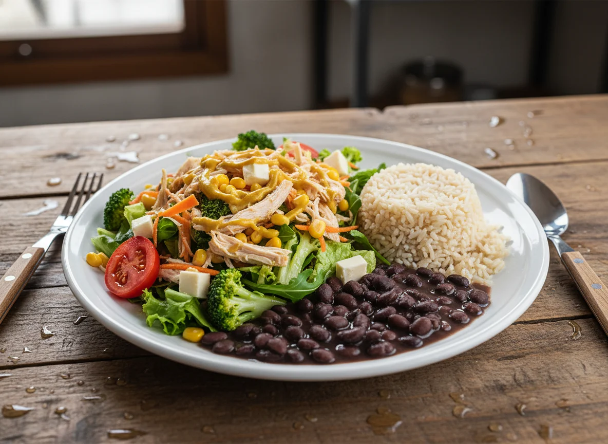 Salada com frango desfiado e acompanhamento de arroz e feijão photo