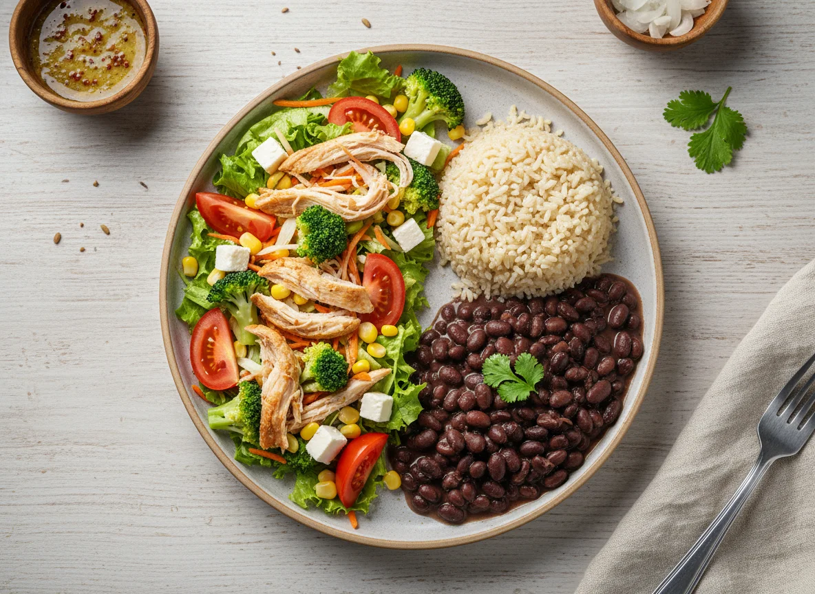 Salada com frango desfiado e arroz com feijão photo