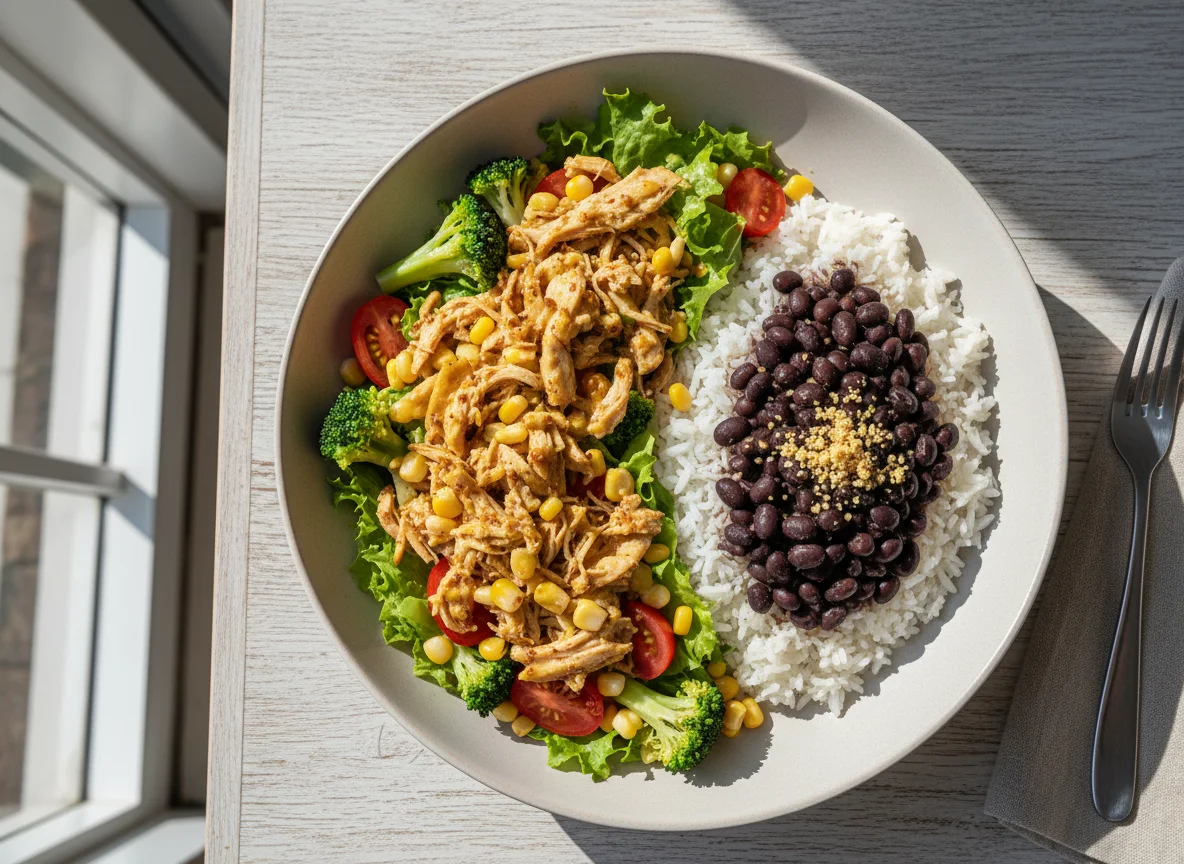 Salada com frango desfiado e feijão com arroz photo