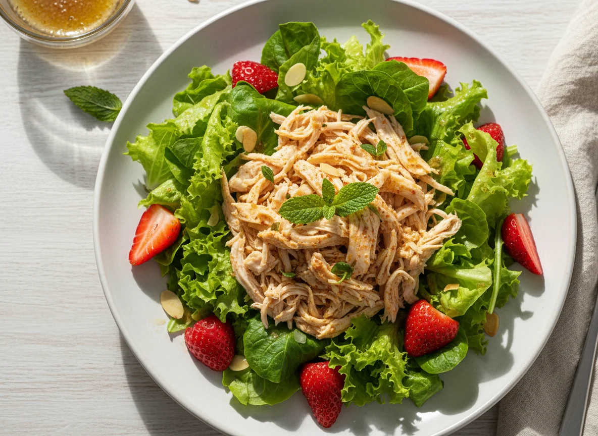 Salada com frango desfiado e morango photo