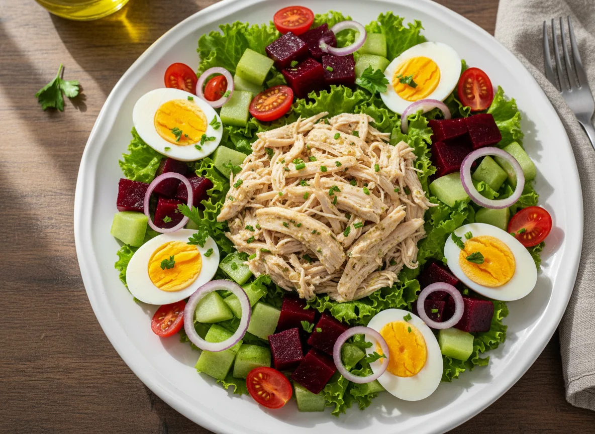 Salada com frango desfiado e ovos photo