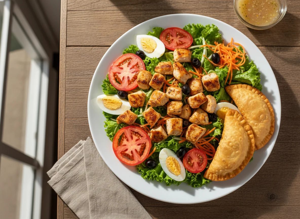 Salada com frango e pastel photo