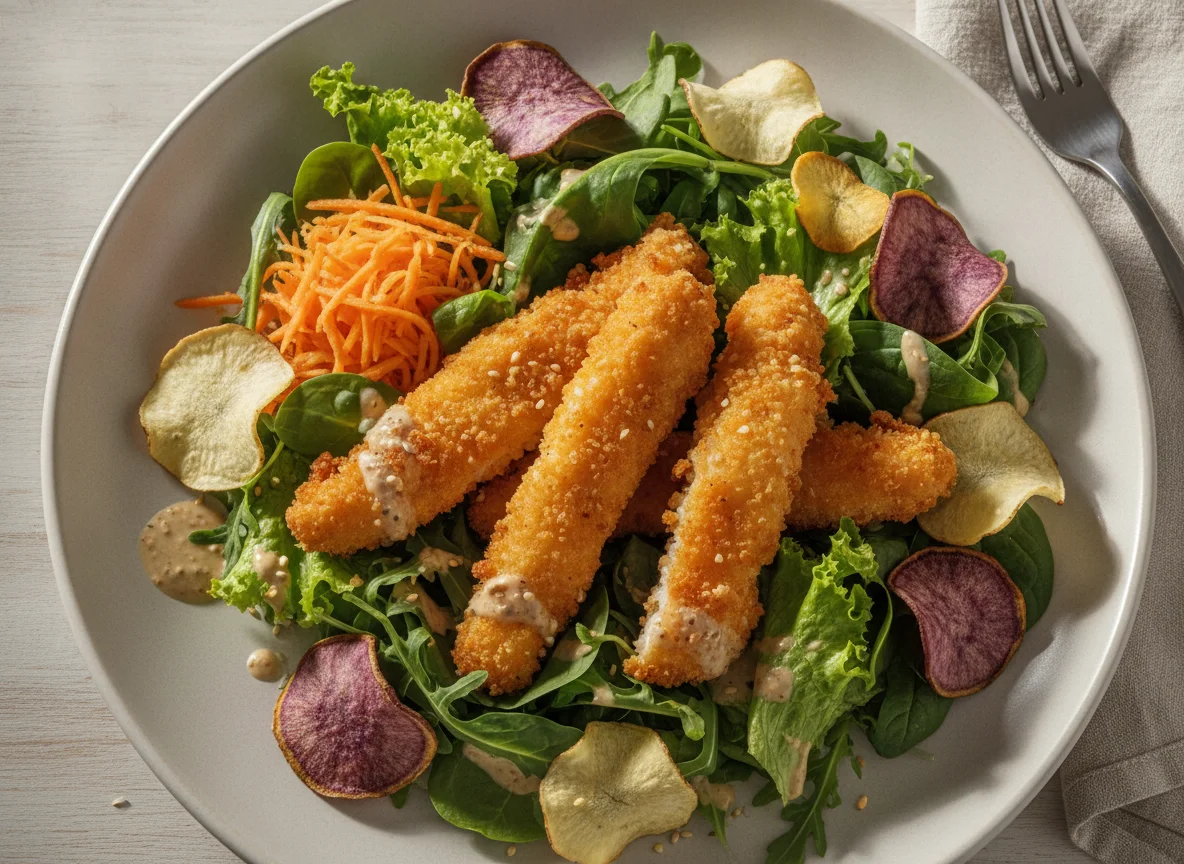 Salada com Frango Empanado e Chips de Raízes photo