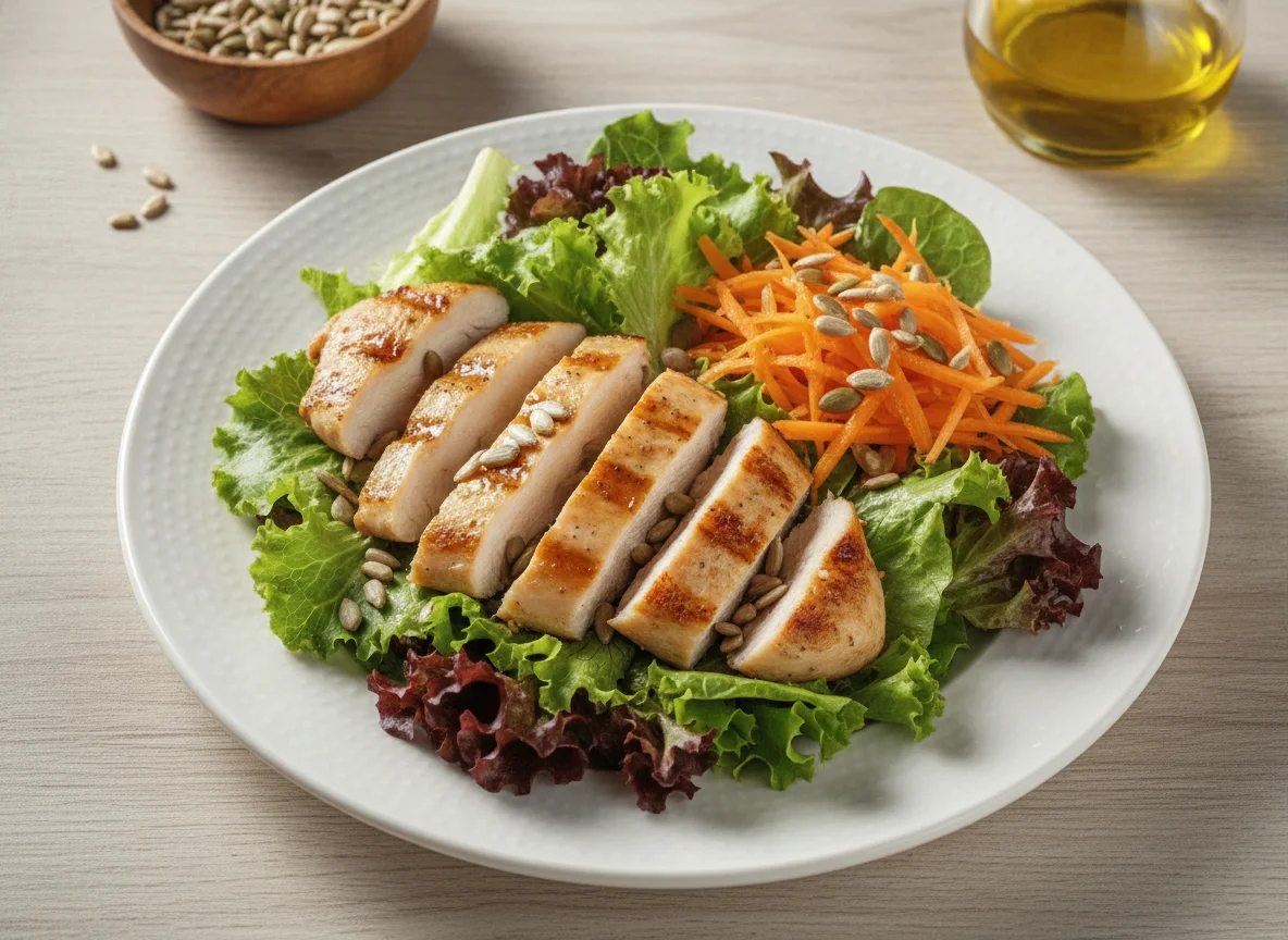 Salada com frango grelhado, cenoura e sementes photo