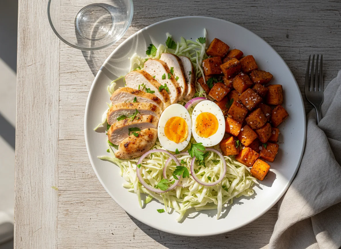 Salada com frango, ovos e batata doce photo