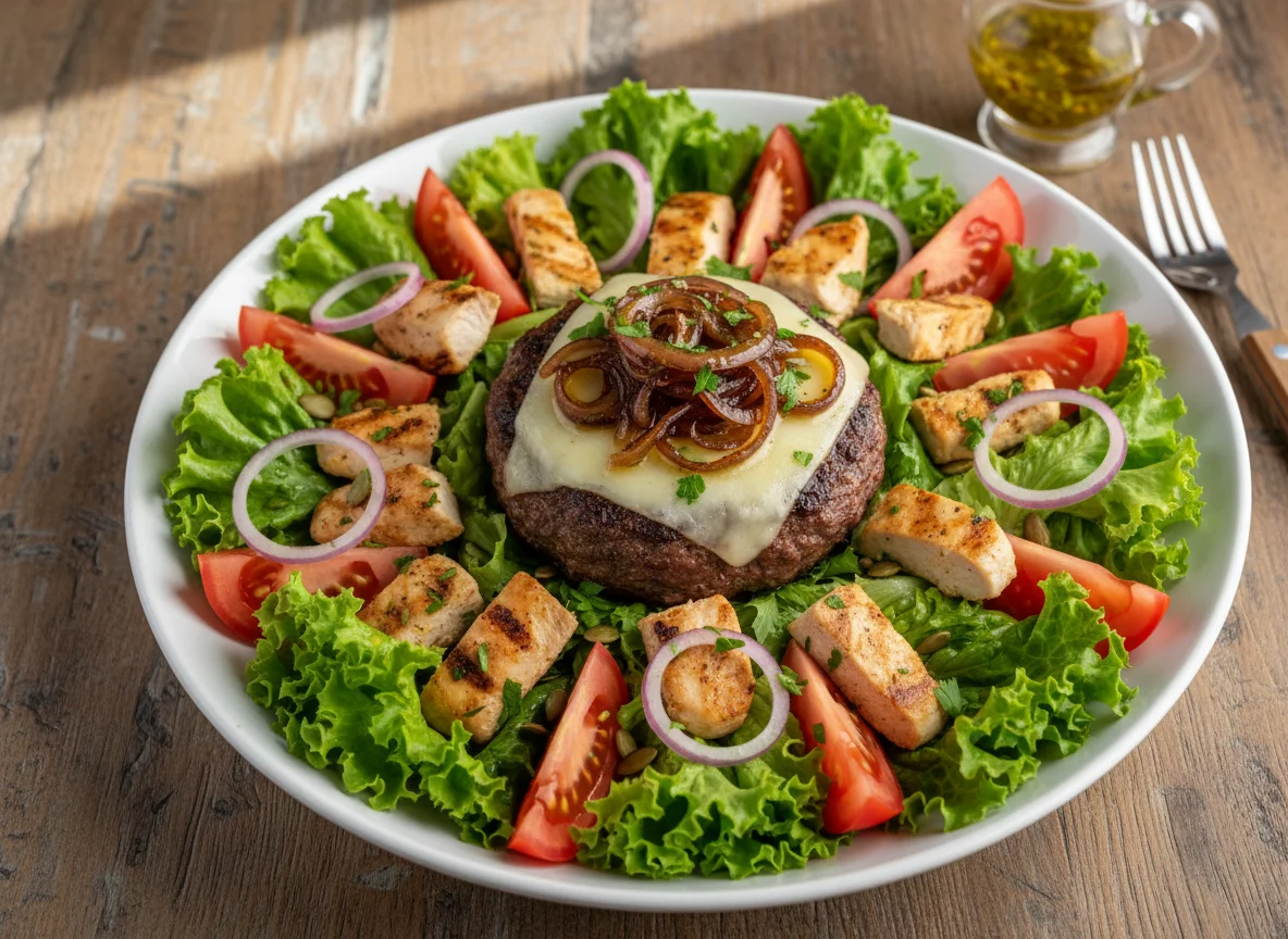 Salada com Hambúrguer e Frango Grelhado photo