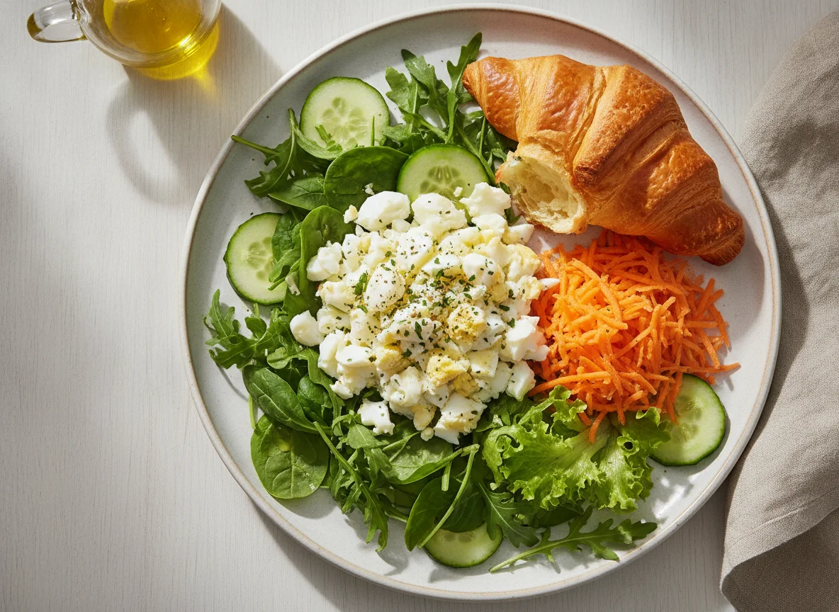 Salada com ovo picado e croissant photo
