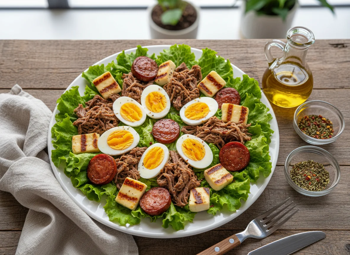 Salada com ovos, carne e linguiça photo