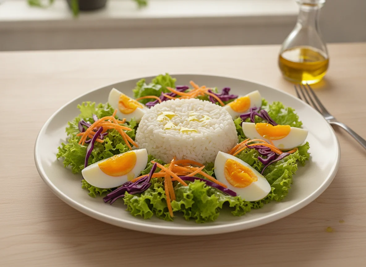 Salada com ovos cozidos e arroz photo