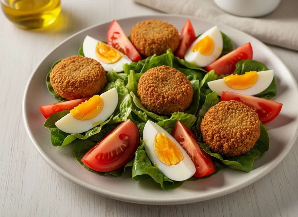 Salada com ovos e croquetes photo