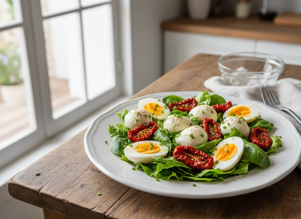 Salada com ovos, queijo e tomate seco photo