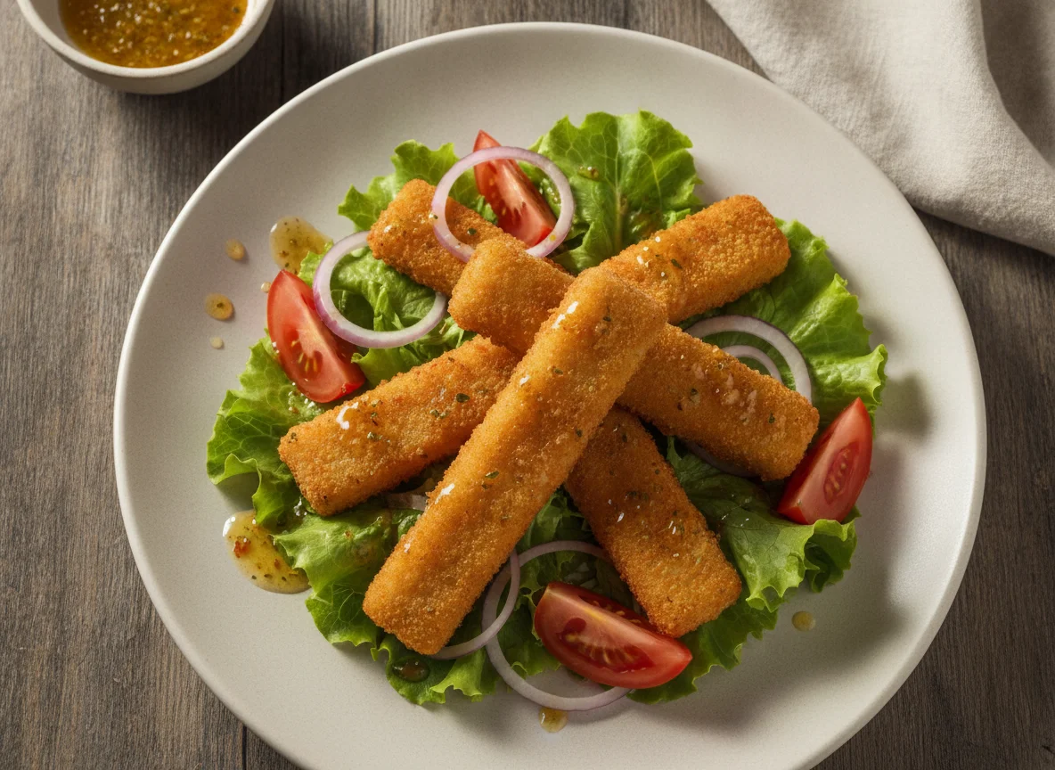 Salada com palitos de peixe empanados photo
