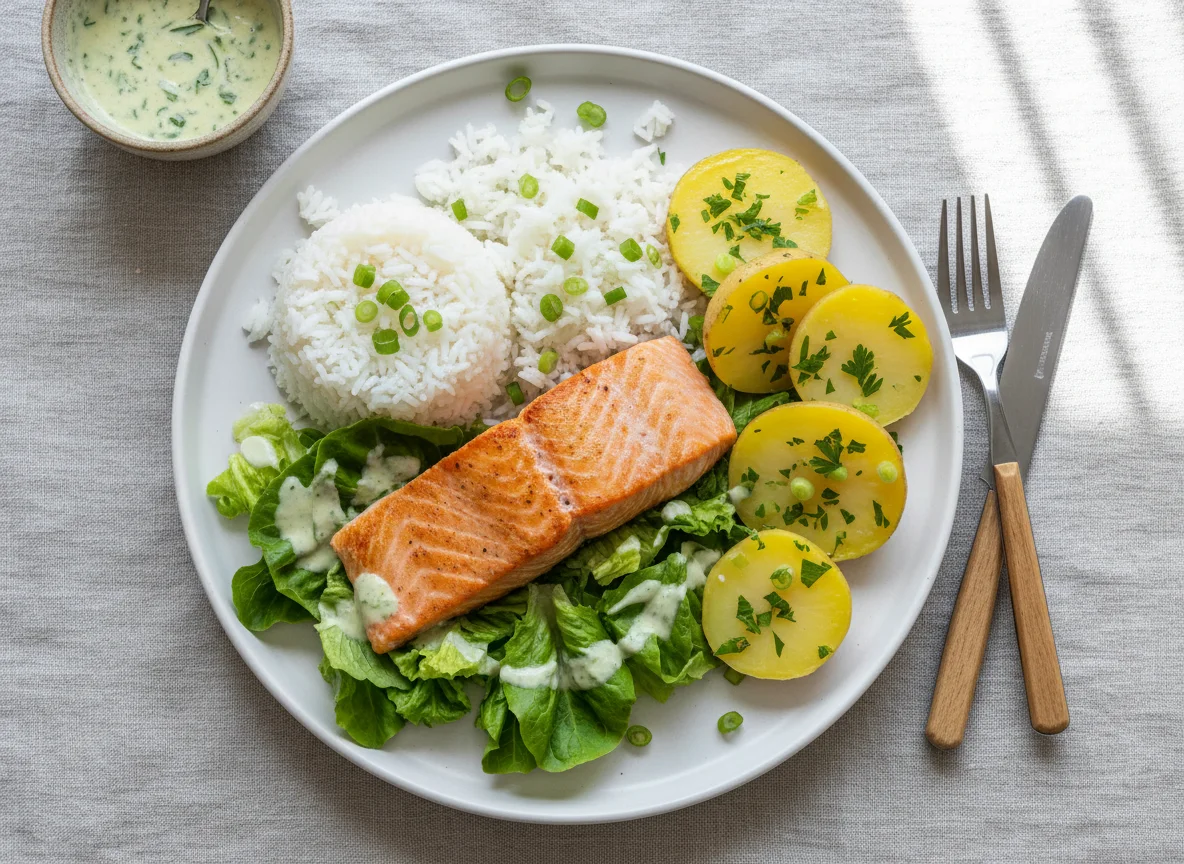 Salada com peixe e acompanhamentos photo