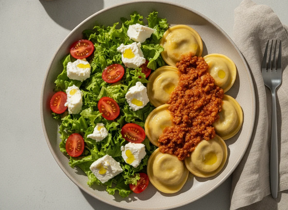 Salada com Queijo Branco e Ravioli ao Sugo photo