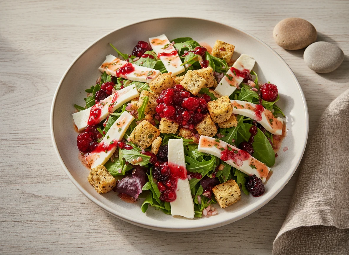 Salada com queijo, croutons e geleia de frutas vermelhas photo