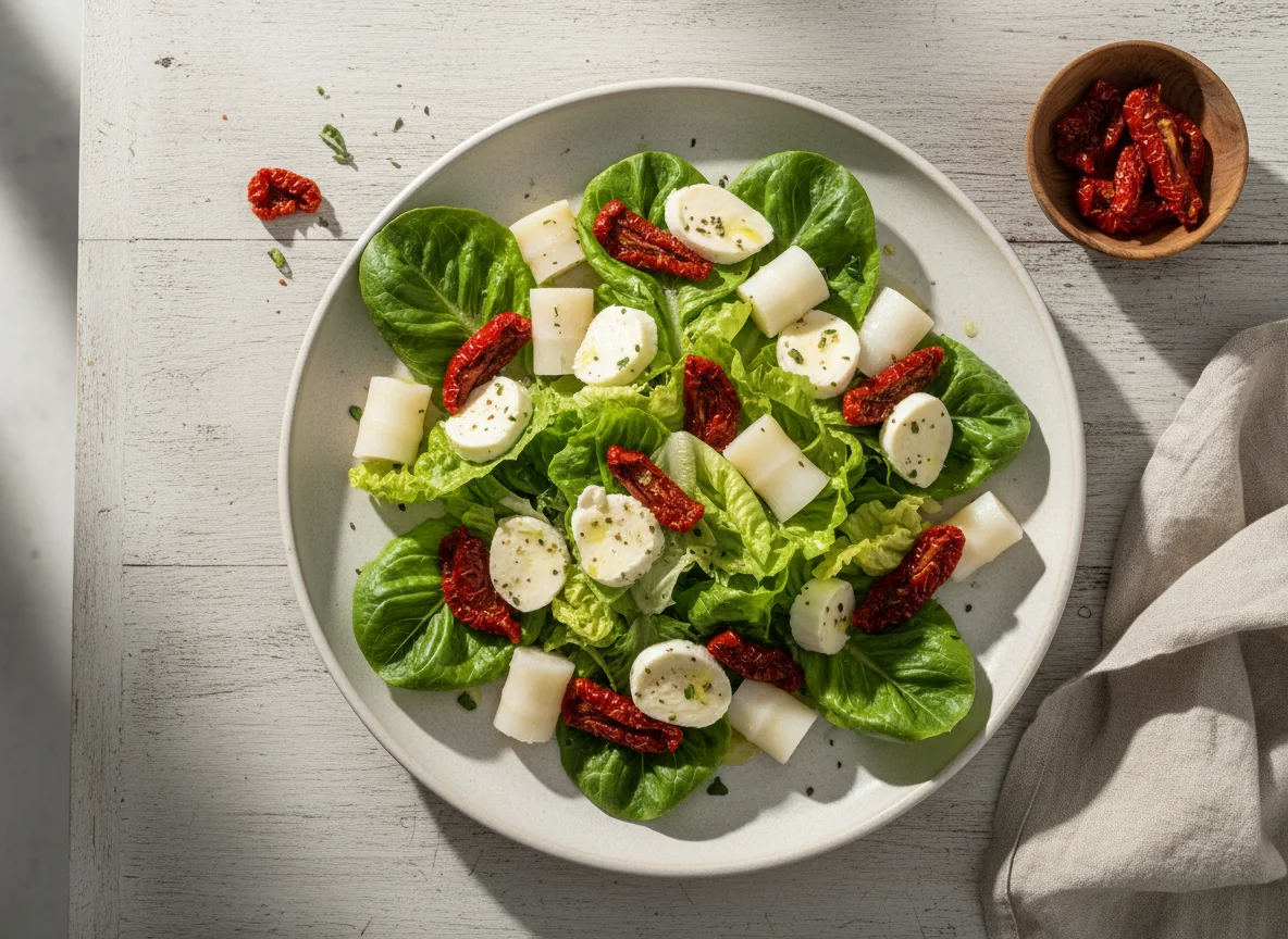 Salada com queijos, tomate seco e palmito photo