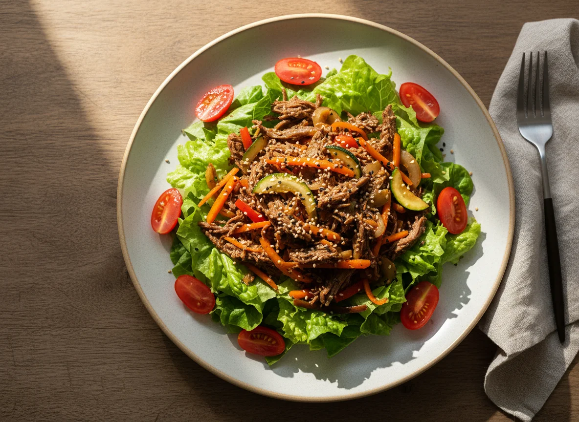 Salada com refogado de legumes e carne desfiada photo