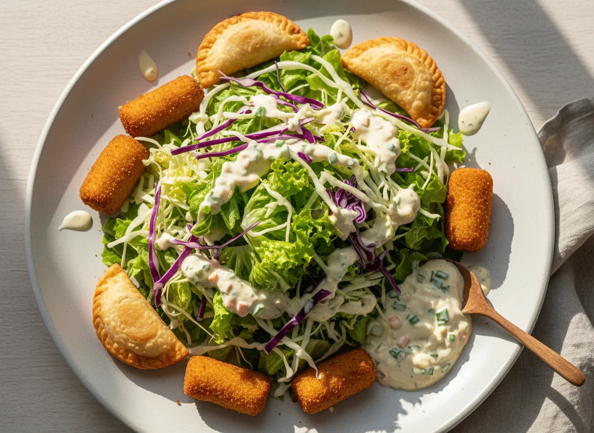 Salada com salgadinhos e molho cremoso photo